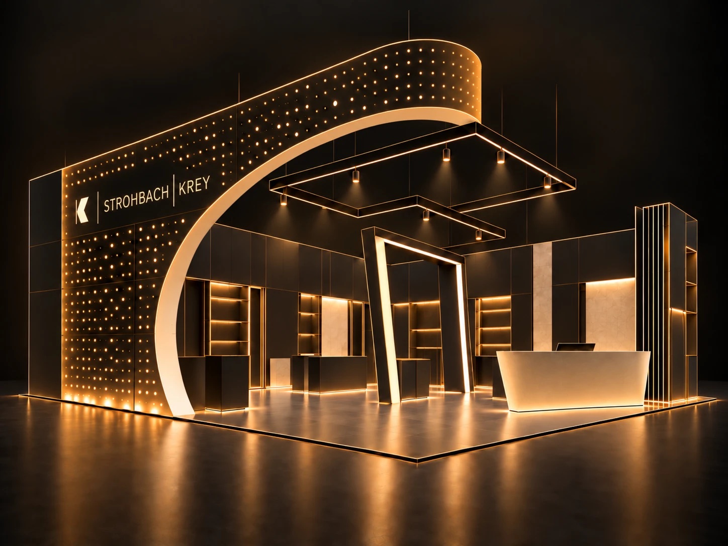 Der fertig aufgebaute Stand, vollständig beleuchtet, Regale und Tresen an ihrem Platz, noch ohne Ware.